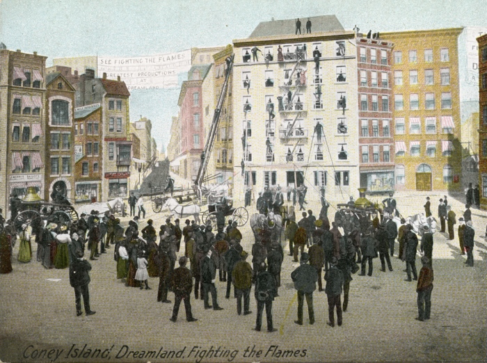 Postcard depicting Fighting the Flames, from the Coney Island Museum collection, early 20th century.